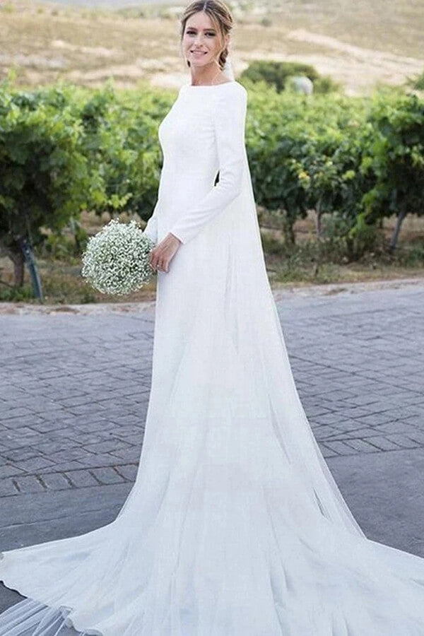 Modest Ivory Sheath Bridal Dress with Long Sleeves, WD2303253