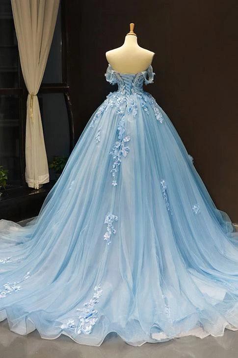 Off Shoulder Tulle Ball Gown - Light Sky Blue Prom Dress, PD23022227