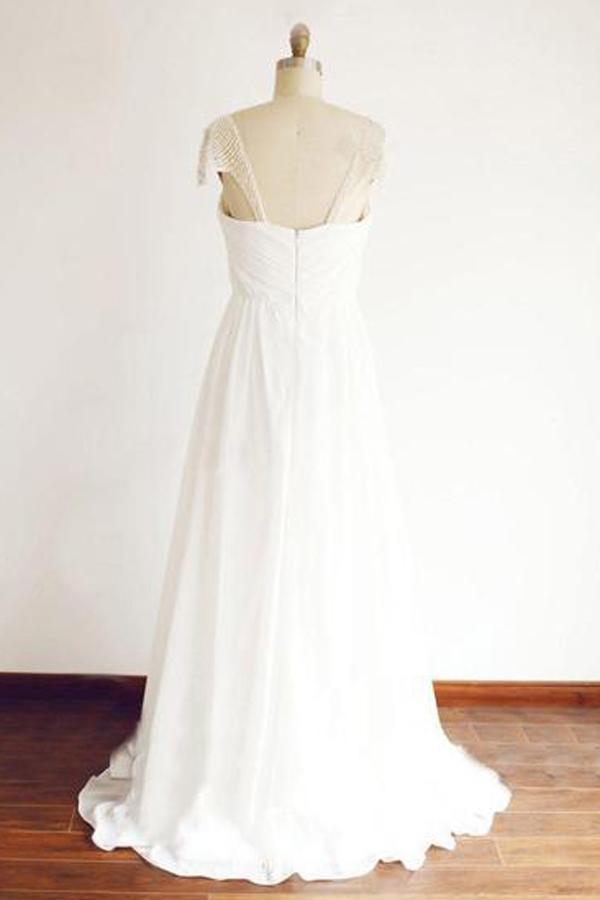 Chiffon Beach Wedding Dress with Cap Sleeves and Beads, WD23022393