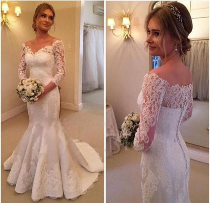 Lace Mermaid Wedding Dress with V-Neck and 3-4 Sleeves, WD23022346