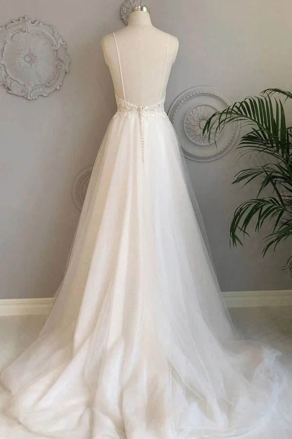 Simple A-line Beach Wedding Dress with Spaghetti Straps and Lace, WD23022811