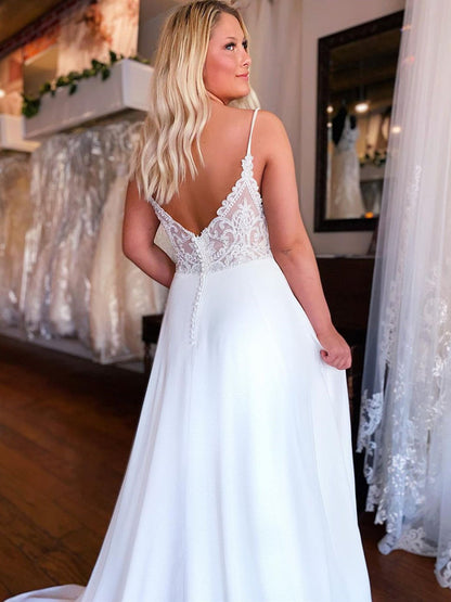 White Lace A-Line Wedding Dress with V-Neckline and Formal Prom Option, WD2302254