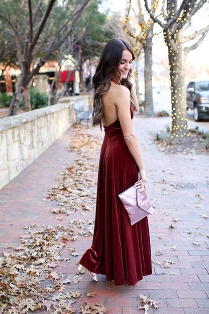 Burgundy Velvet A-Line Prom Dresses with V-Neck and Backless Design, PD23030123