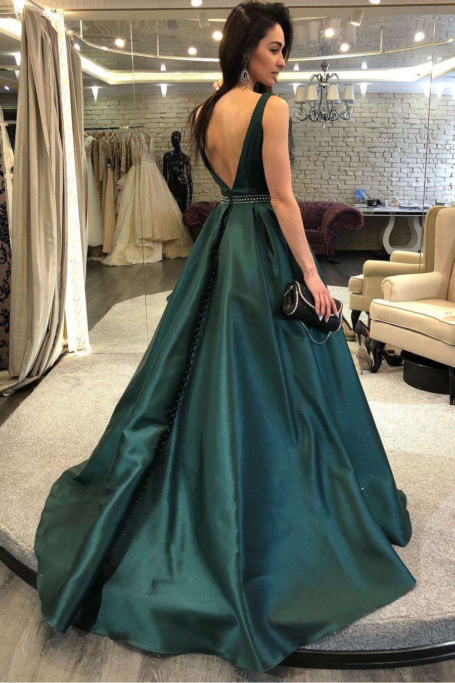 Dark Green Beaded Sash Satin A-Line Prom Dress with Long Skirt, PD23030141