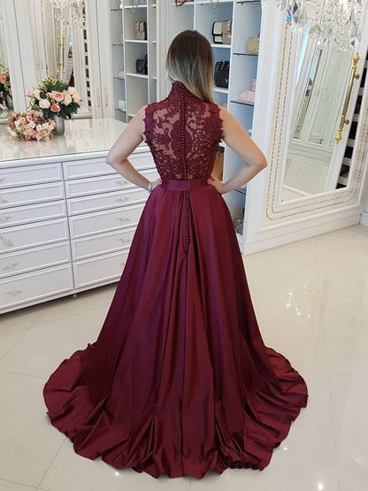 Burgundy High Neck Sleeveless Lace Beaded Satin A-line Prom Dress, PD23031311