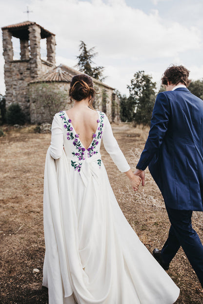 Simple Ivory A-Line Wedding Dress with Cornflower Embroidery and Long Sleeves, WD2303256