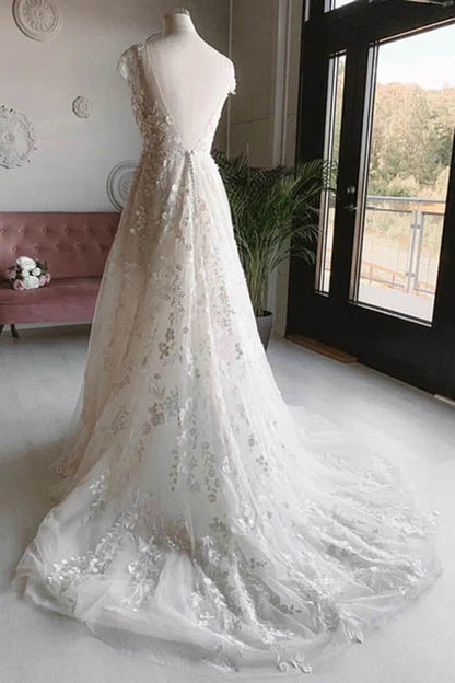 White V-Neck Tulle Lace Wedding Dress with Open Back and Long Sleeves, WD2303029