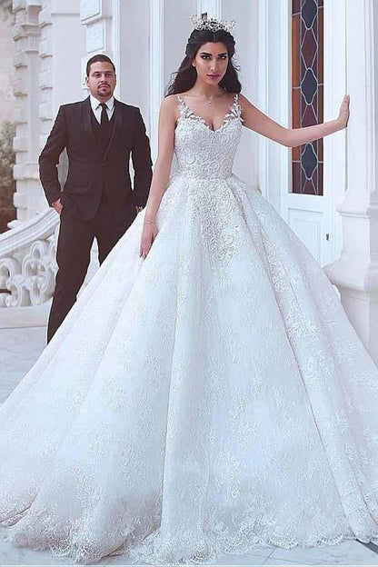 Ball Gown V-neck Lace Applique Wedding Dress, WD2303150