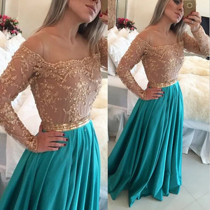 Champagne and Turquoise Lace A-Line Bridesmaid Dress with Long Sleeves, BD2303053