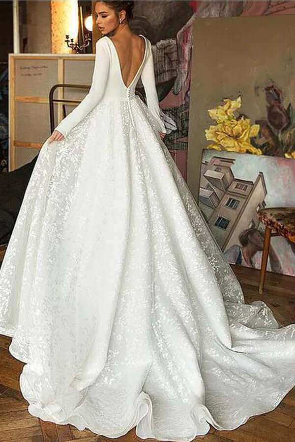 Long Sleeve A-line V-neck Wedding Dress with Court Train, WD23022326