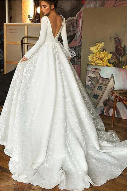 Long Sleeve A-line V-neck Wedding Dress with Court Train, WD23022326