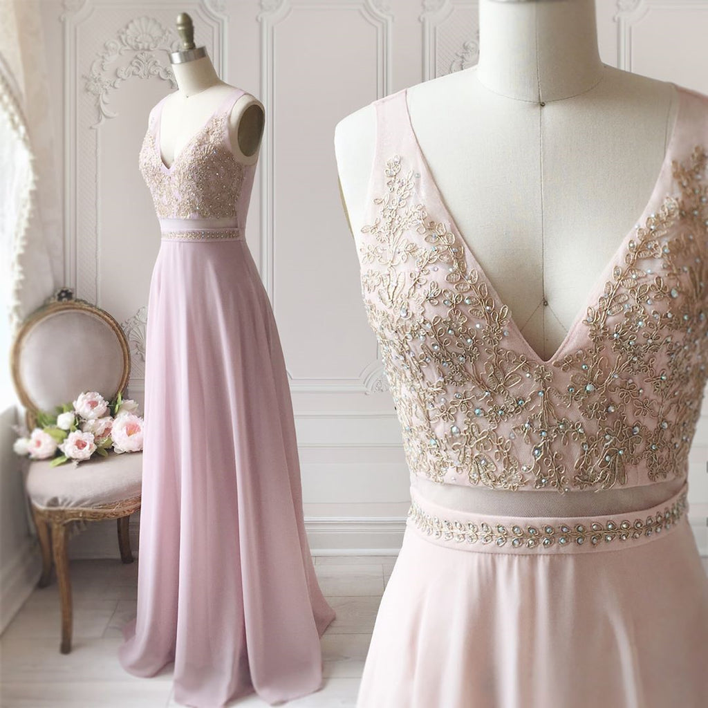 Pink V-Neck Lace Prom Dress, Long Formal Bridesmaid Dress, BD23031114