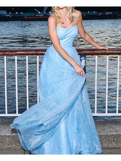 Blue A-Line Tulle Halter Long Prom Dresses, PD23030120