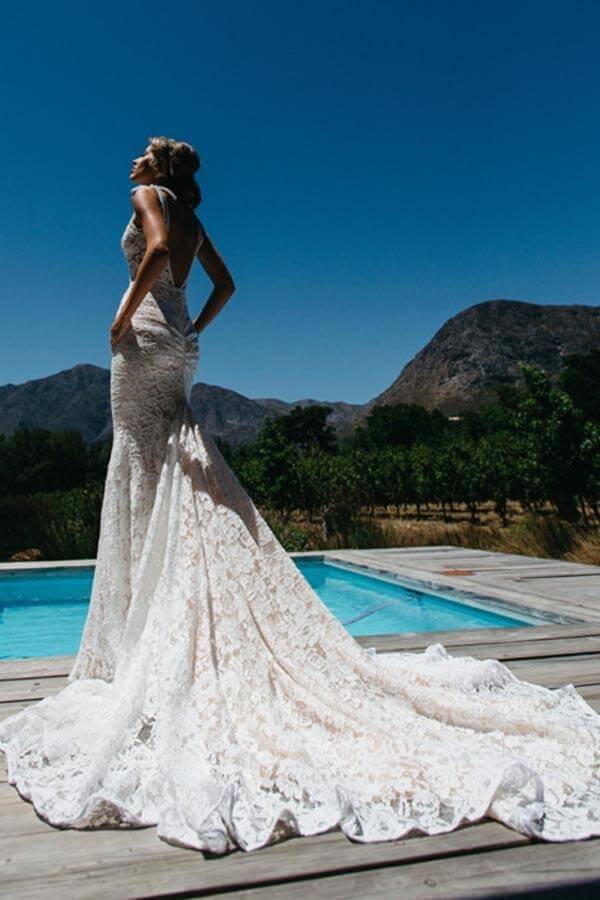 Sleeveless Mermaid Wedding Dress with V-neck, Open Back, and Lace Pocket, WD2303084