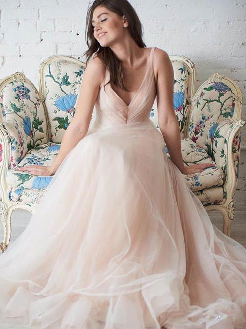 Simple Tulle Ball Gown Wedding Dress with A-line Silhouette and V-neck, WD23022813