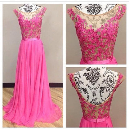 A-Line Round Neck V-Neck Back Pink Lace Prom Dress, Formal Dress, Bridesmaid Dress, BD2303127