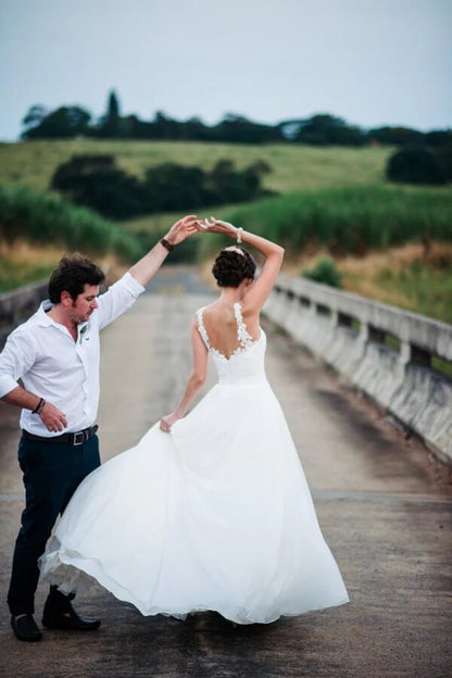 Sweetheart Chiffon A-line Beach Wedding Dress with Lace Appliques, WD230223119