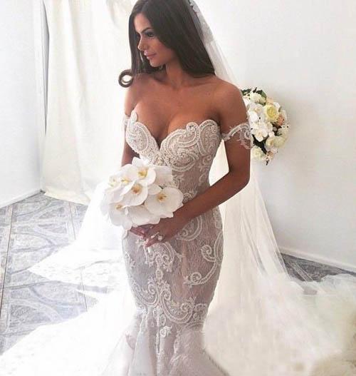 Off-shoulder Lace Mermaid Wedding Dress, WD23022321