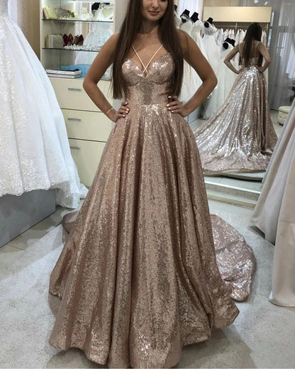 Champagne Sweetheart Halter A-Line Sequin Prom, PD2303284