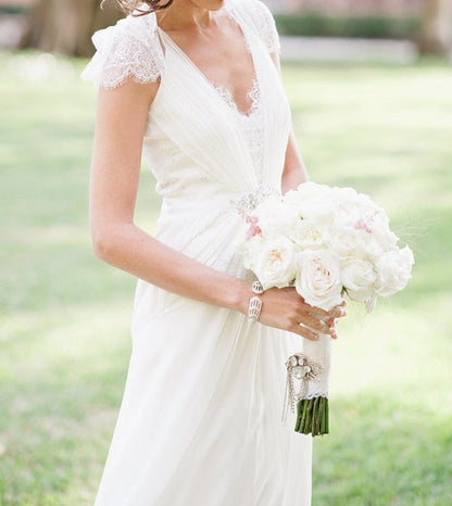 Chic A-Line Long White Lace Dress with V-Neck and Cap Sleeves, Ideal for Weddings, Proms, and Formal Events, WD23022428