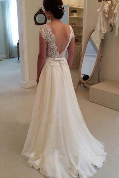 Lace Top Backless A-line Bridal Dress with Long Beach Skirt, WD23022381