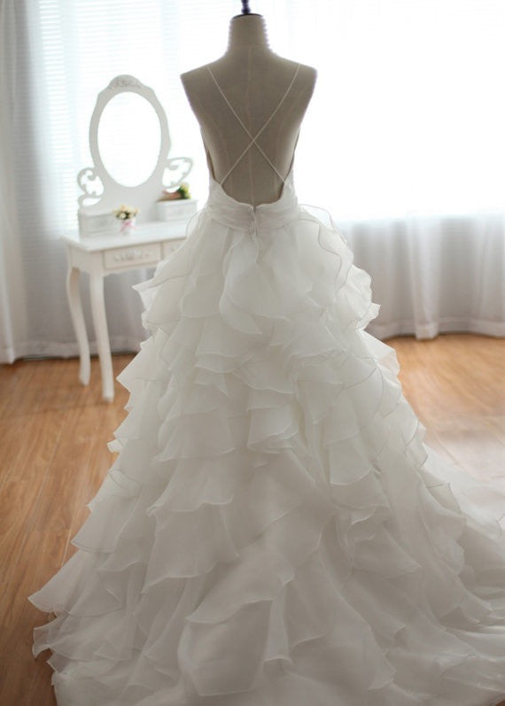 White Wedding Dress with V-Neck and Court Train, WD23022617