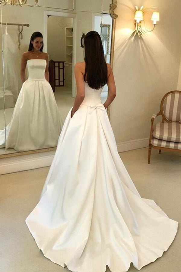 Simple Ivory Satin A-Line Wedding Dress with Pleated Skirt and Court Train, WD2303257