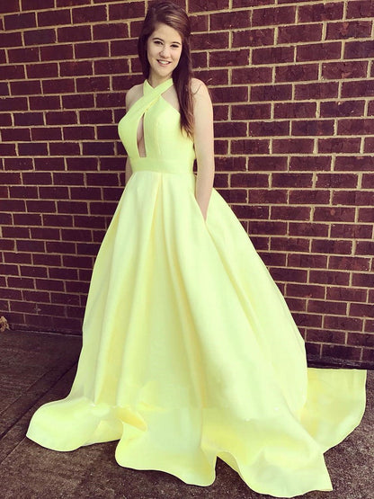 Light Yellow Satin A-Line Prom Dress with Hollow-Out Back, Halter Neckline, and High Slit, PD23031513