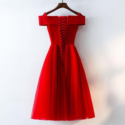 Red Lace Off-the-Shoulder Bridesmaid Dress, BD2303183