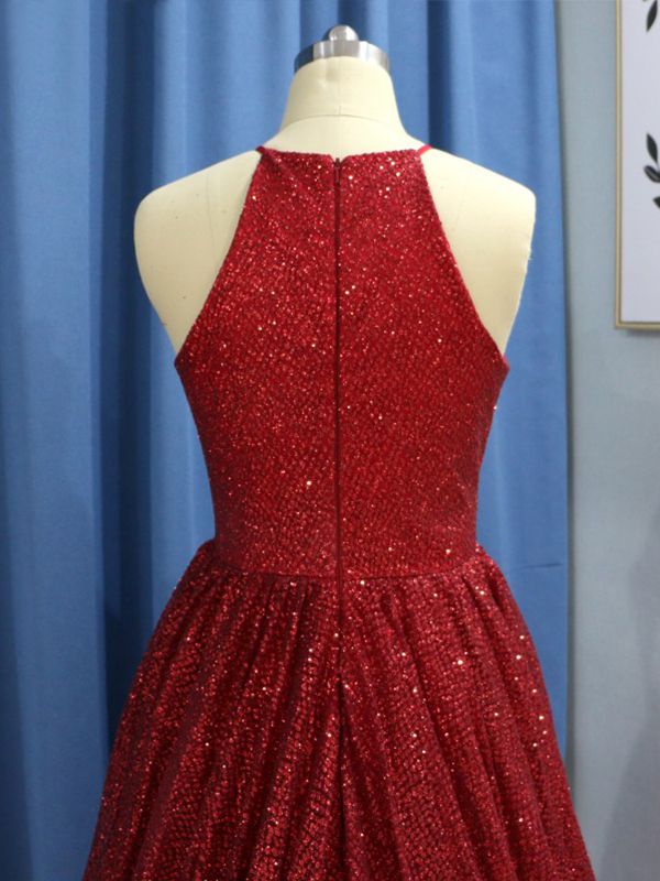 Shiny Red Halter A-Line Prom Dress with Long Skirt, PD23030153