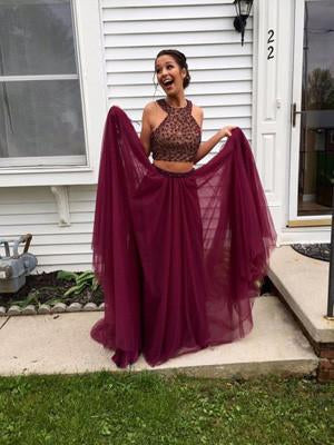 Maroon Beaded Halter Two-Piece Prom Dress, PD2303025