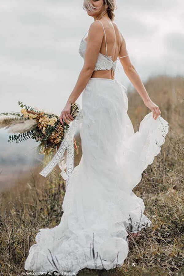 Boho Two-Piece Lace Wedding Dress with Spaghetti Straps and Crop Top, WD2302242