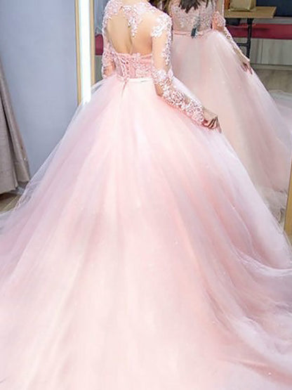 Pink Tulle Ball Gown Prom Dress with Long Sleeves and Appliques, PD2303086