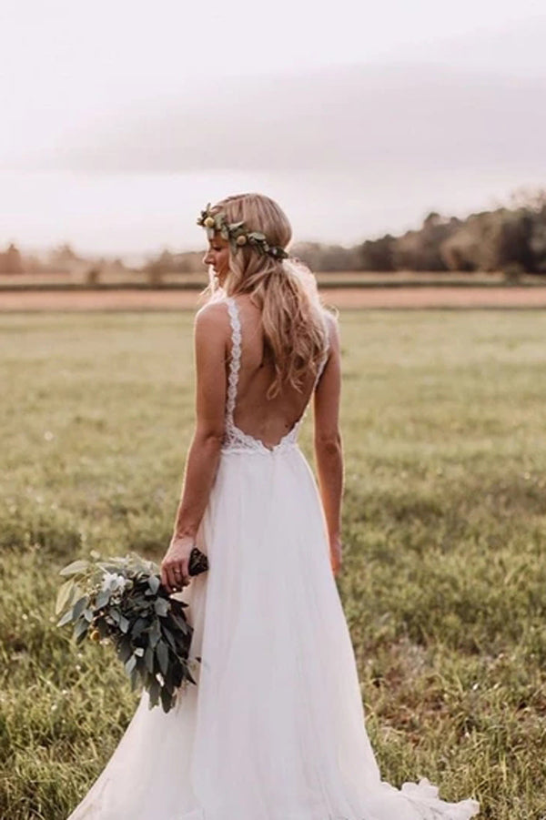 Low V-Back Ivory Tulle Bridal Gown with Lace Bodice, WD2303250