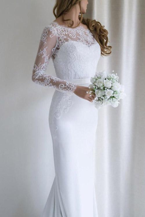 White Long Mermaid Lace Wedding Dress with Long Sleeves and Train, WD23022716