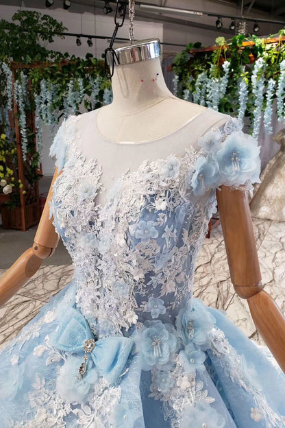 Light Sky Blue Floral Ball Gown Dress with Beads, PD23022220