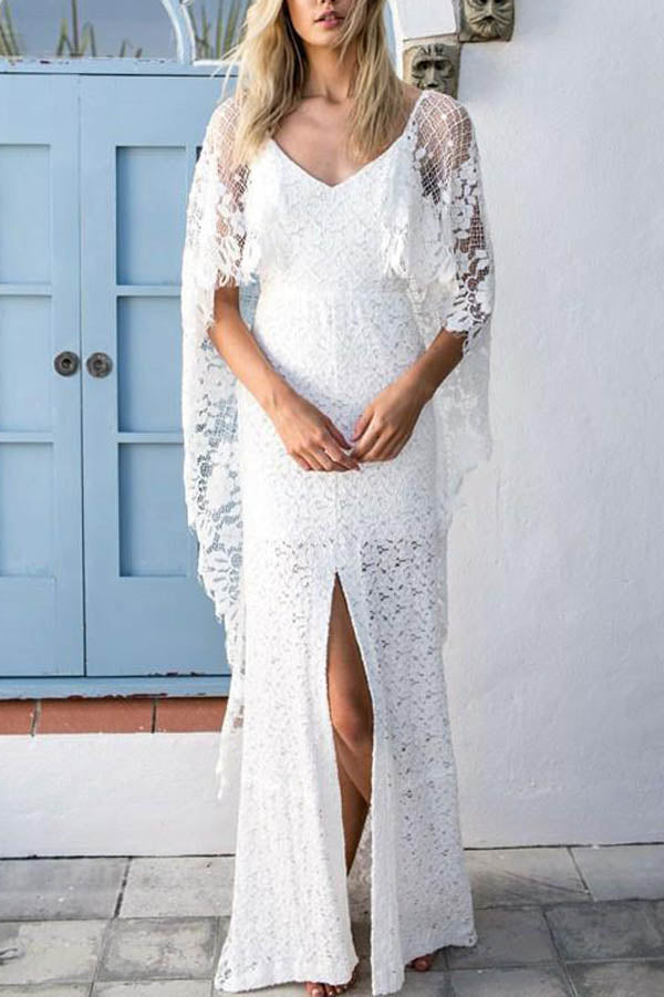 Ivory Lace Boho Sheath Wedding Dress with Batwing Sleeves, WD23022333