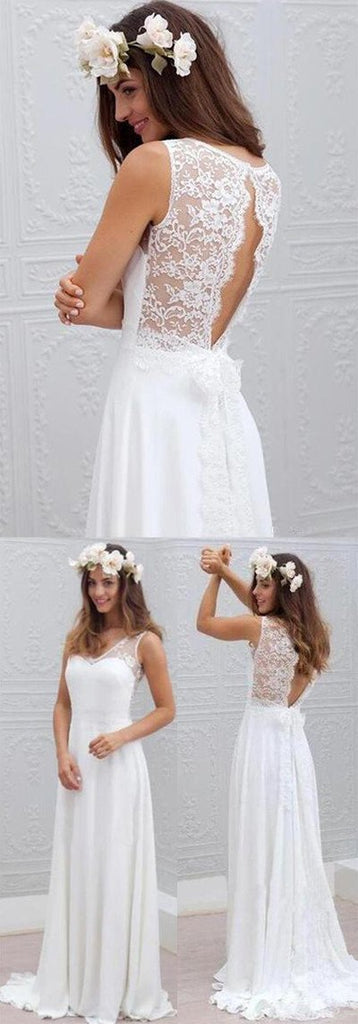 Simple White Chiffon Beach Wedding Dress with Lace Details and Open Back , WD23022398