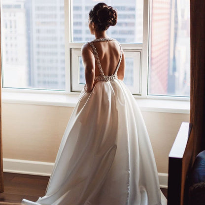 Deep V-Neck Backless White Wedding Dress, WD2302266