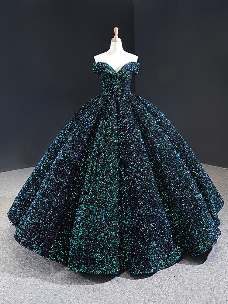 Glittering Dark Green Ball Gown - Floor Length Prom Dress, PD23022216