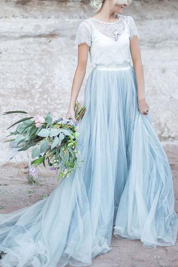 Blue Tulle Lace Top A-Line Wedding Dress with Short Sleeves, WD23022344