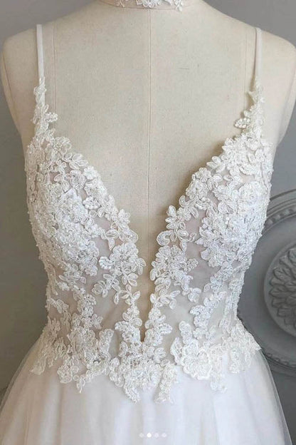 Simple A-line Beach Wedding Dress with Spaghetti Straps and Lace, WD23022811