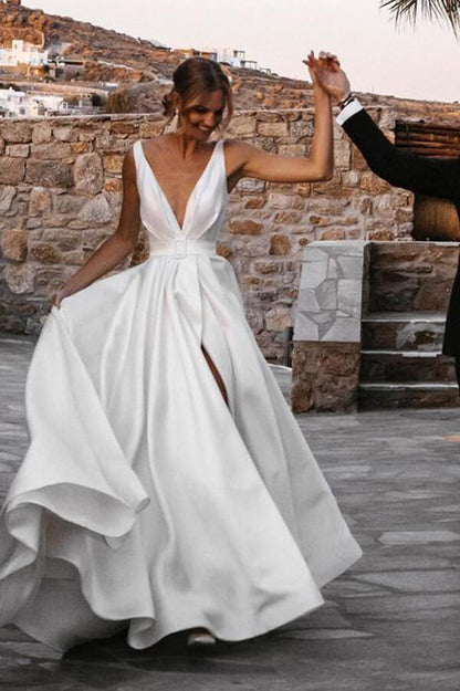 Satin A-line Sweep Train Wedding Dress, WD23022665