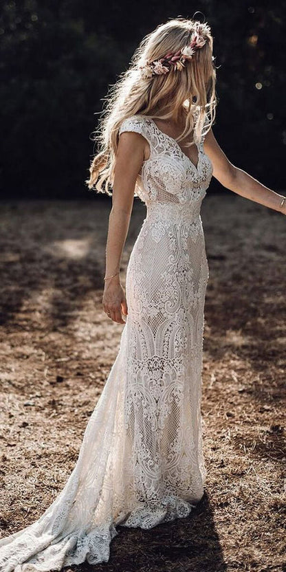 Vintage Lace Sheath Boho Wedding Dress with Cap Sleeves and Rustic Style, WD23022369