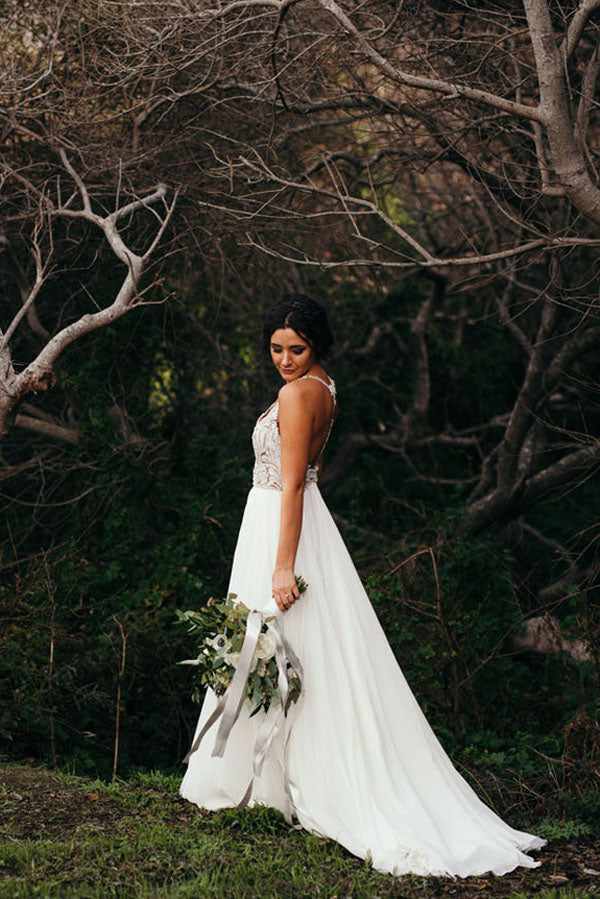 Ivory Chiffon Rustic Wedding Dress with Beaded Spaghetti Straps, WD2304113