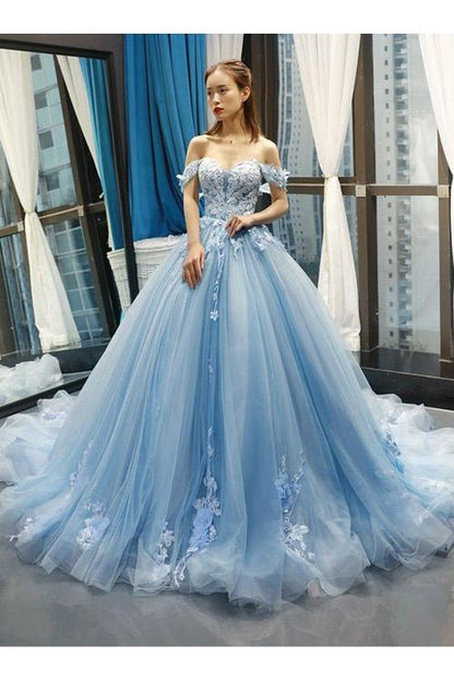 Off Shoulder Tulle Ball Gown - Light Sky Blue Prom Dress, PD23022227