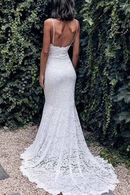 Sleeveless All Over Lace Mermaid Wedding Dress with Spaghetti Straps, WD2303268