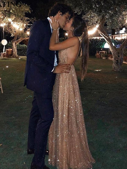 Shiny Champagne A-Line Prom Dress with V-Neck and Side Slit, PD23030317