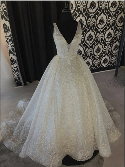 Ivory Lace A-Line Wedding Dress with V-Neckline and V-Neck Lace Formal Prom Option, WD2302252