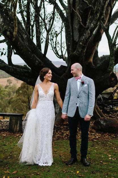 Open Back Mermaid Wedding Dress with V-neck and Lace Details, WD23030414